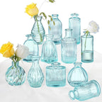 Bud Vases Set of 12, Blue Glass Vase Small Vintage Flower Vase for Decor Ribbed Glass Bud Vases in Bulk Wedding Decor Bridal Shower Party Centerpieces Home Room Table Decorations