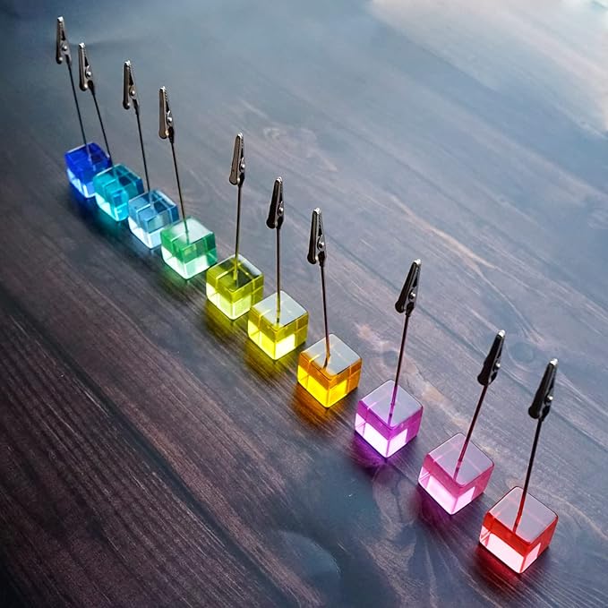 Desktop Picture Holders, 10 pcs Rainbow Colors Polaroid Photo Clip Stand for Paper Name Place Card Postcard Memo Menu Note Memory Photo Christmas Wedding Number Card Display with High Clear Cube Base