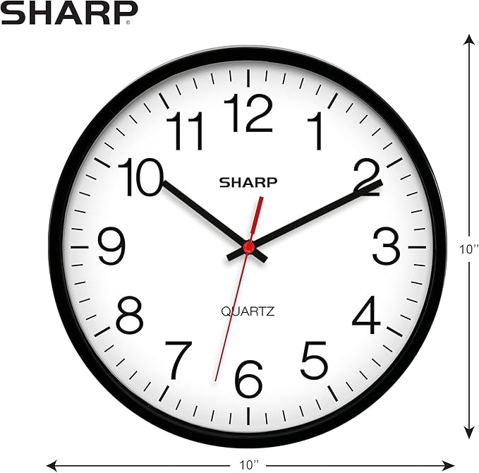 Sharp Wall Clock Silent Non Ticking 10 Inch Quality Quartz Battery Operated Round Easy to Read Home/Kitchen/Office/Classroom/School Clocks, Sweep Movement,Black