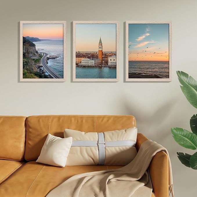 Vittanly 12x16 Picture Frames Set of 9, Shatter Resistant Plexiglass, Display 11x14 Pictures with Mat or 12x16 without Mat, Photo Frames for Wall Mount, Engineered Wood, OAK