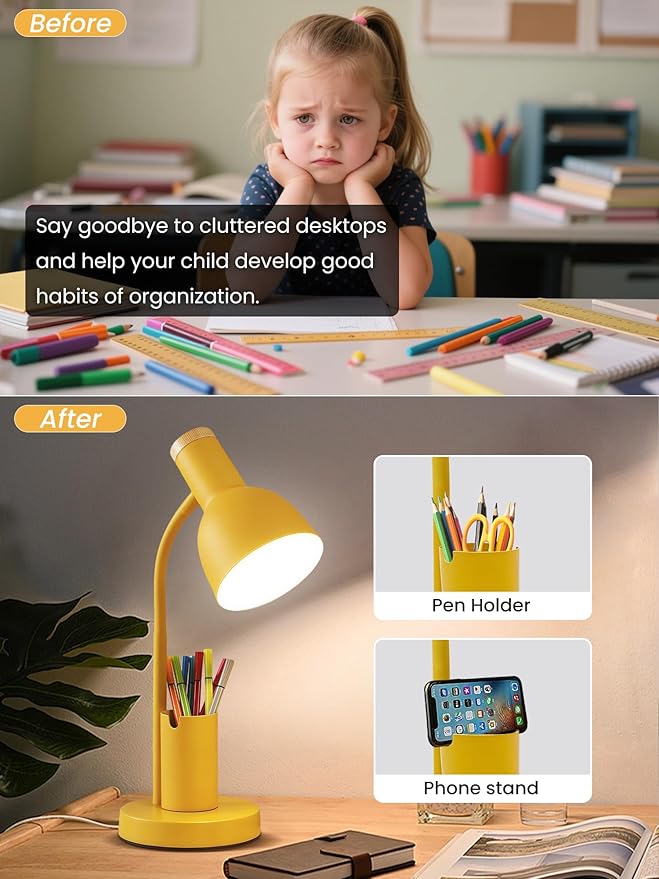 LED Desk Lamp with Pen Holder, Eye-Caring Desk Light 3 Color Modes Reading Light Flexible Gooseneck Metal Study Lamp, Cute Table Lamps for Home Office Bedside Dorm (Yellow lamp)
