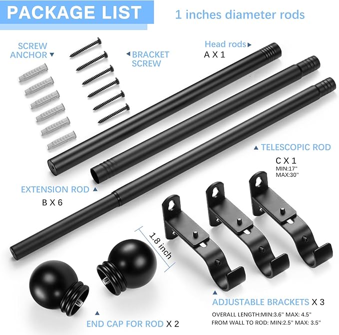 Curtain Rods for Windows 16 to 120 Inches, Curtain Rod Max Adjustable Length of 132 IN, 1" Diameter Drapery Rods Round Finials, Black, Pack of 1