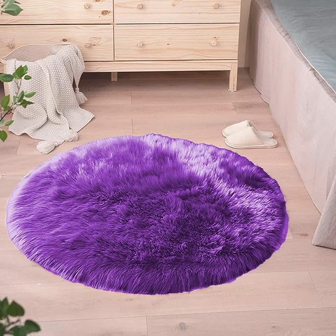 Goolela Circle Rug - 5ft Fluffy Purple Faux Fur Washable Sheepskin Carpet for Living Room & Bedroom