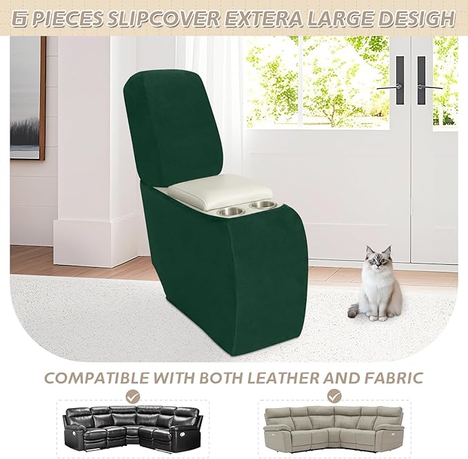 Arfntevss Sectional Recliner Couch Covers Velvet Corner Sectional Sofa Cover for Reclining Couch Stretch L Shape Recliner Slipcover Washable Middle Console Protector (1 Console Cover, Dark Green)