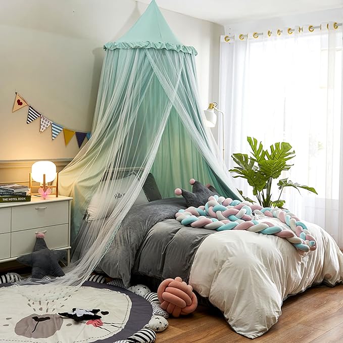 VETHIN Bed Canopy for with Lights,Double Layer Princess Round Dome Dreamy Mosquito Net Bedding Girls Room Castle Play Tent Hanging House Decor Reading Nook Canopies(Green/White)