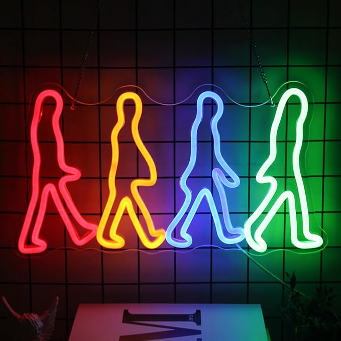 Rock Band Neon Sign Four People Walking Neon Lights for Bedroom Music LED Sign Abbey Road Wall Art Light Up Sign for Game Room Man Cave Decor Rock Music Fans Gifts
