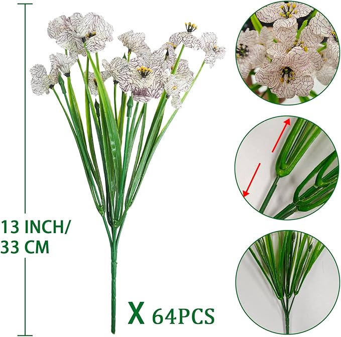 Krissing 48 Bundles Outdoor Artificial Flowers UV Resistant Fake Silk Flowers Faux Plastic Plants Outside Garden Porch Window Box Summer Decoration (White)