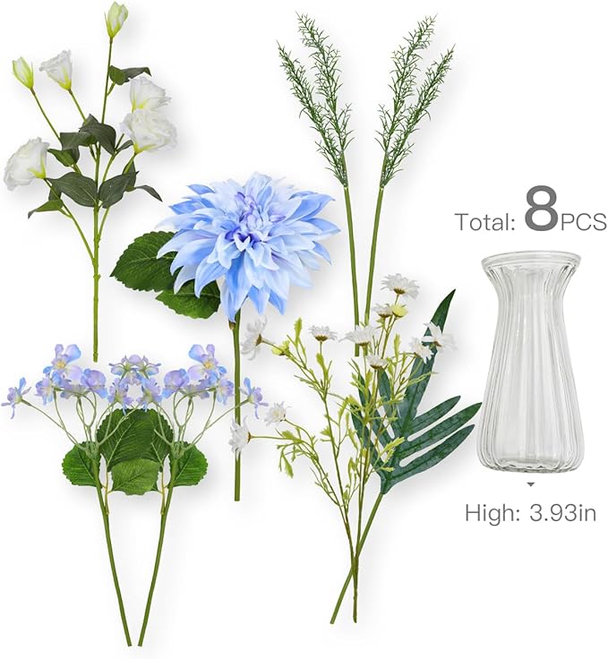 Nubry Fake Artificial Flowers in Vase,Faux Silk Dahlia Flower Bouquet Floral Arrangement Fake Plant Decor for Tables Centerpieces,Home Office Party Wedding Decor(Blue with Vase)