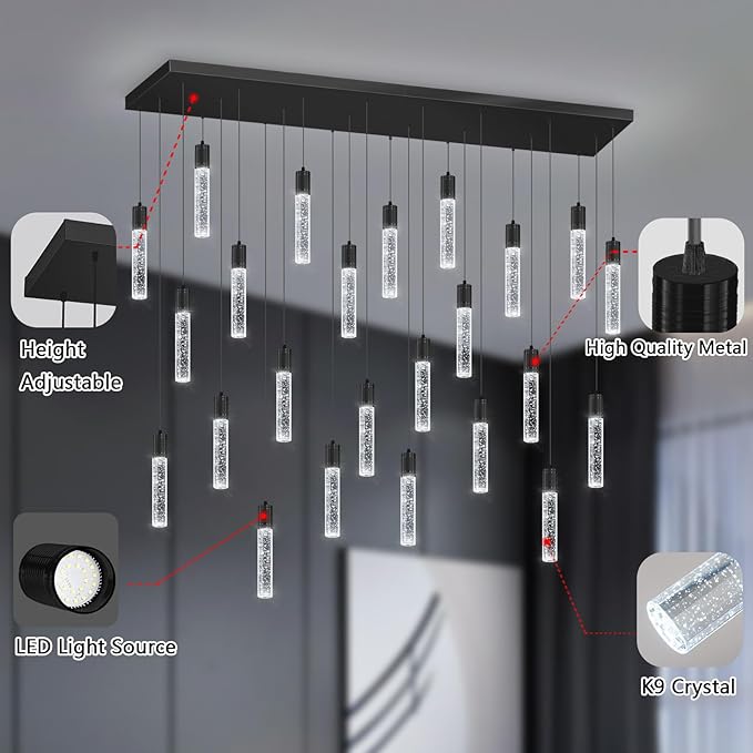 24-Lights Modern Crystal Chandeliers LED Pendant Light for Kitchen Island Dining Room Entrance Foyer Living Room 6000K Black