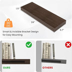 Floating Shelves for Wall, 24" W x 6.7" D x 1.5" H, Wooden Wall Mounted Display Shelves with Invisible Brackets for Living Room, Bedroom, Bathroom, Kitchen Decor and Storage, Set of 2, Walnut