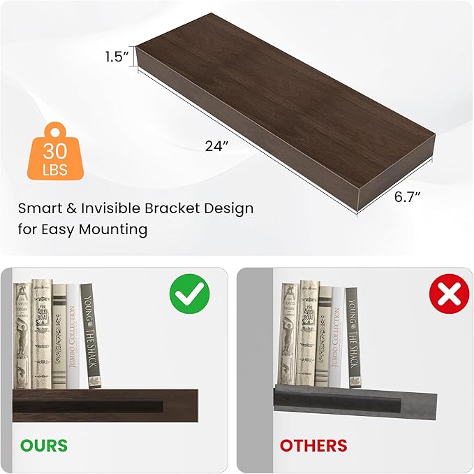 Floating Shelves for Wall, 24" W x 6.7" D x 1.5" H, Wooden Wall Mounted Display Shelves with Invisible Brackets for Living Room, Bedroom, Bathroom, Kitchen Decor and Storage, Set of 2, Walnut