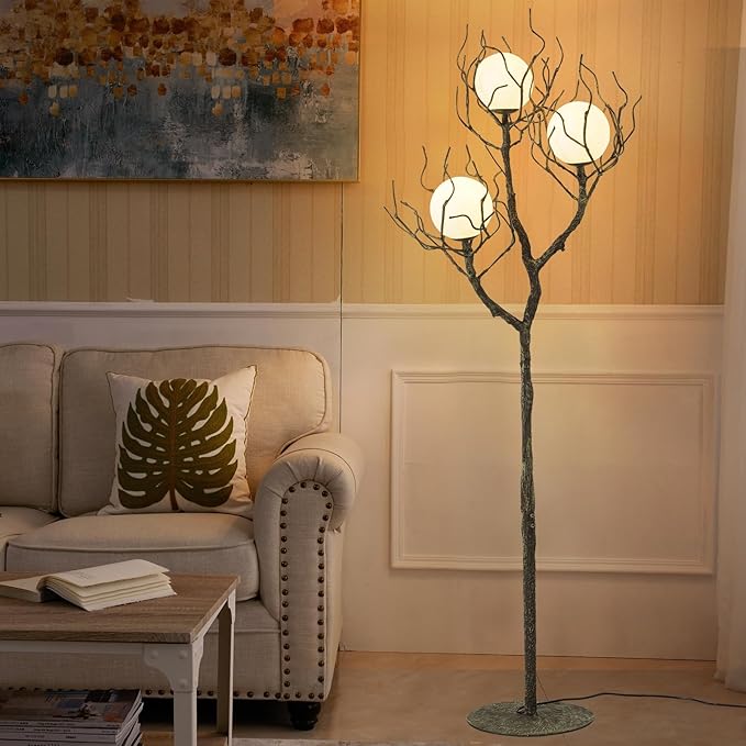 Tree Branch Floor Lamp for Living Room, 3-Light Gothic Moon Branch Floor Lamp, Wood Grain Resin & Metal Base for Farmhouse, Bedroom, Office,Halloween Decor(63")