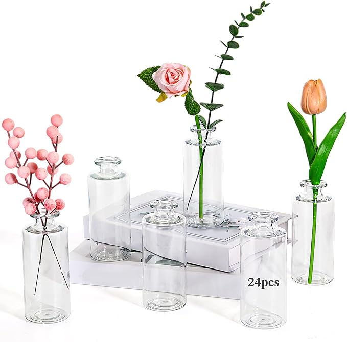 Honeydak Set of 24 Plastic Bud Vases, Vintage Decorative Mini Flower Vases Bulk for Table Centerpieces, Wedding Reception, Home Decor, Housewarming Gifts(Smooth)