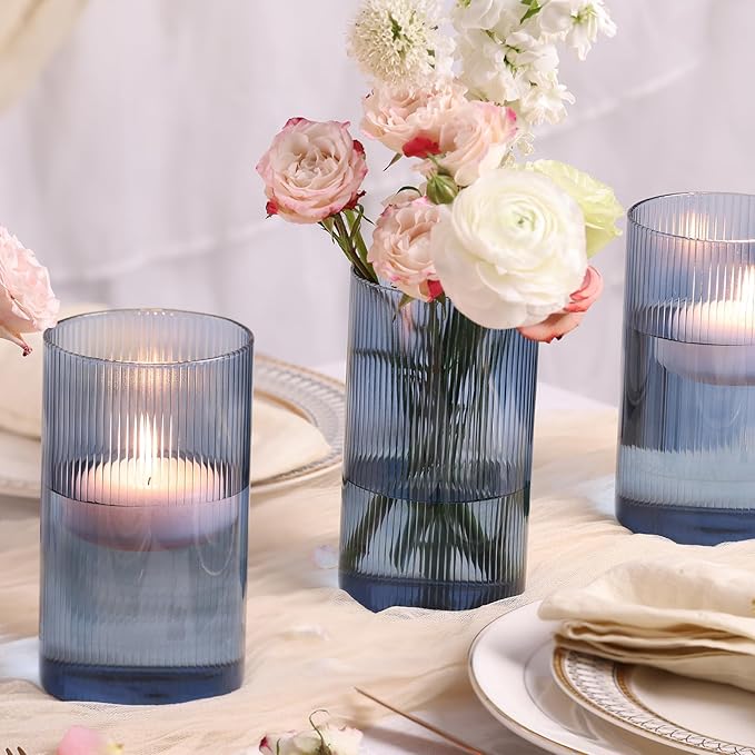 Glass Cylinder Vases, Bud Vase for Wedding Centerpieces, 6 Inch Tall Ribbed Vase Hurricane Floating Candle Holder, Decorative Flower Vases for Wedding Reception, Home Decor, Housewarming Gift (Blue)