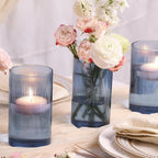 Glass Cylinder Vases, Bud Vase for Wedding Centerpieces, 6 Inch Tall Ribbed Vase Hurricane Floating Candle Holder, Decorative Flower Vases for Wedding Reception, Home Decor, Housewarming Gift (Blue)