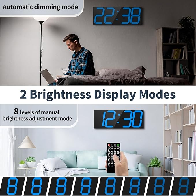18.7'' Automic Digital Wall Clock, LED Wall Clock with Large Display, Multi-Function Clock with Alarm and Timer, Auto Time Sync Digital Clock with Adjustable Brigthness(Blue)