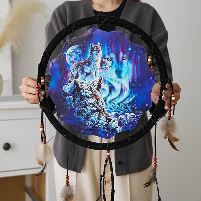 Remorelt Wolf Eagle Bear Dream Catcher Bedroom Wall Decor, Christmas Home Decoration, Room Accessory, White Moon Feather Decoration - Unique Home Craft Wall Pendant (DC03 13inch Set 3 Wolves)