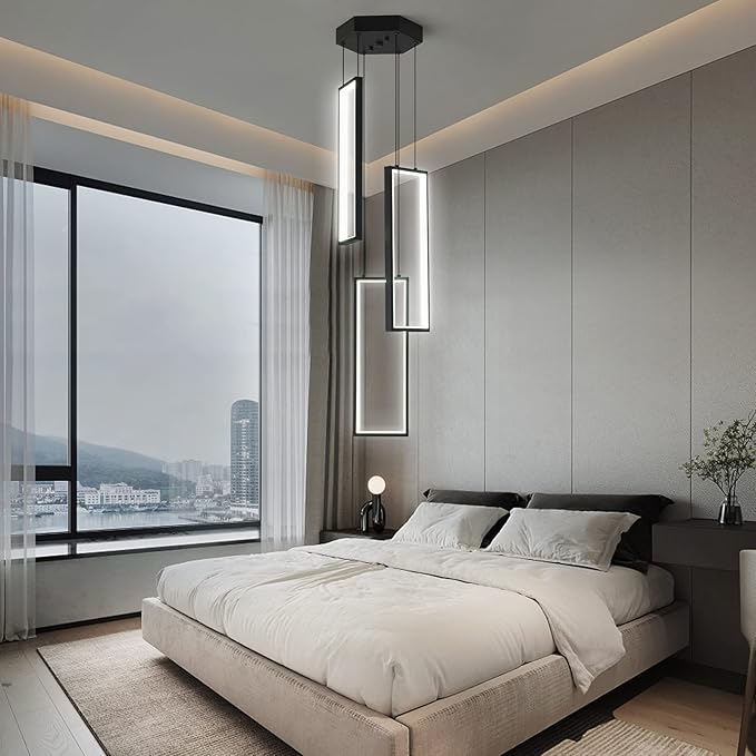 Modern Kitchen Pendant Light Fixture Black 40W LED Pendant Lighting 3 Rings Rectangle Chandelier for Kitchen Island Living Room Dining Room Bedroom