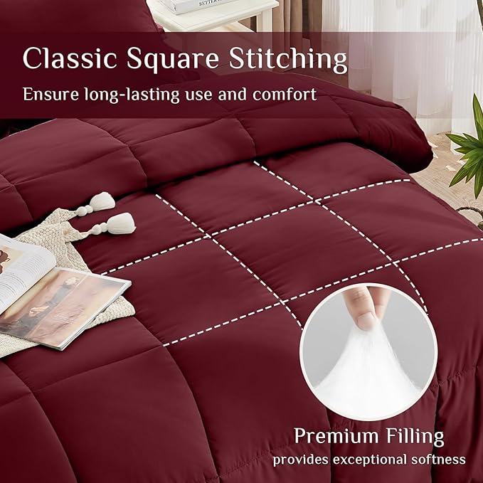 JOLLYVOGUE Queen Comforter Set, Ultra-Soft Bed in a Bag Queen Size 7 Pieces, Oeko-TEX Certified Bedding Set with Down Alternative Comforter, Sheets, Pillowcases & Shams, Burgundy