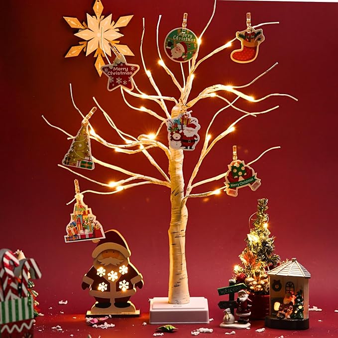 Money Tree Gift Card Holder 24 LED Birch Twig Treelights Battery/USB Powered Light Up Display Twig Gift Card Holder with 22 Clear Clips for Graduation Birthday Wedding Photo (Warm Color)