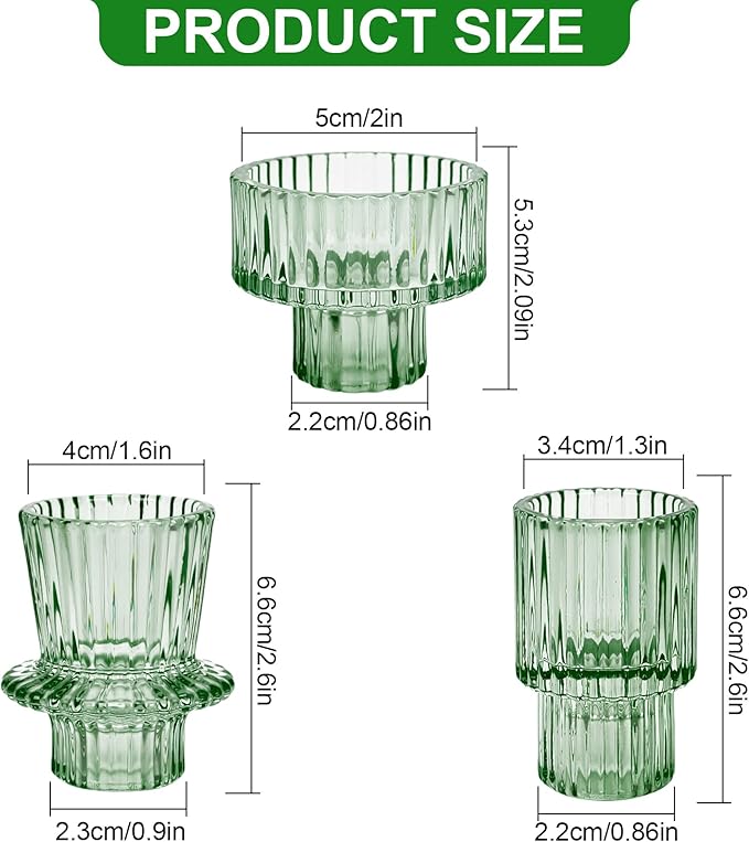 Candlestick Holders Set of 6, Ribbed Glass Taper Candle Holders, Reversible Green Tealight & Candle Stick Candle Holder Vintage Crystal Tapered Candlestick for Wedding Dinner Party Festival