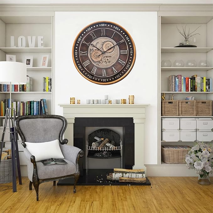CLXEAST 24 Inch Wall Clock with Moving Gears,Oversized Large Industrial Steampunk Clock, Antique Gold Metal Roman Numeral Wall Clocks for Farmhouse Living Room Decor