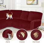 Arfntevss Sectional Recliner Couch Covers Velvet Corner Sectional Sofa Cover for Reclining Couch Stretch Soft L Shape Recliner Slipcover Thick U Shaped Washable Protector (5 Seat Cover, Wine Red)
