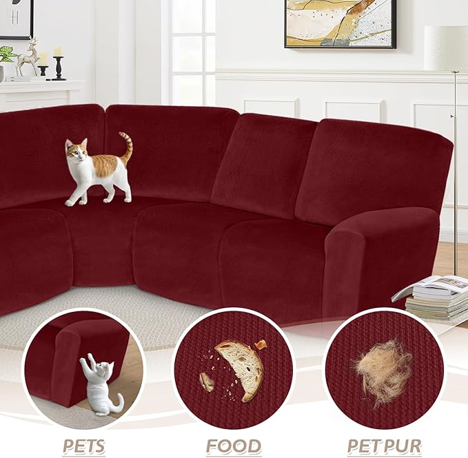 Arfntevss Sectional Recliner Couch Covers Velvet Corner Sectional Sofa Cover for Reclining Couch Stretch Soft L Shape Recliner Slipcover Thick U Shaped Washable Protector (5 Seat Cover, Wine Red)