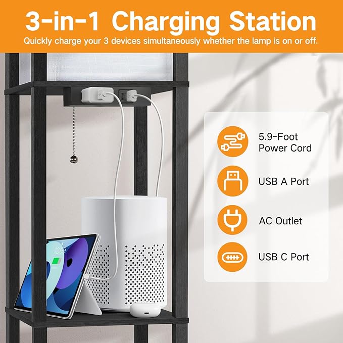 OUTON Floor Lamp with Shelves, LED Shelf Floor Lamp with 1 USB & 1 Type C Ports, 1 AC Outlet, 3 Color Temperature, Storage Display Wood Column Tall Standing Lamp for Living Room, Bedroom Office, Black