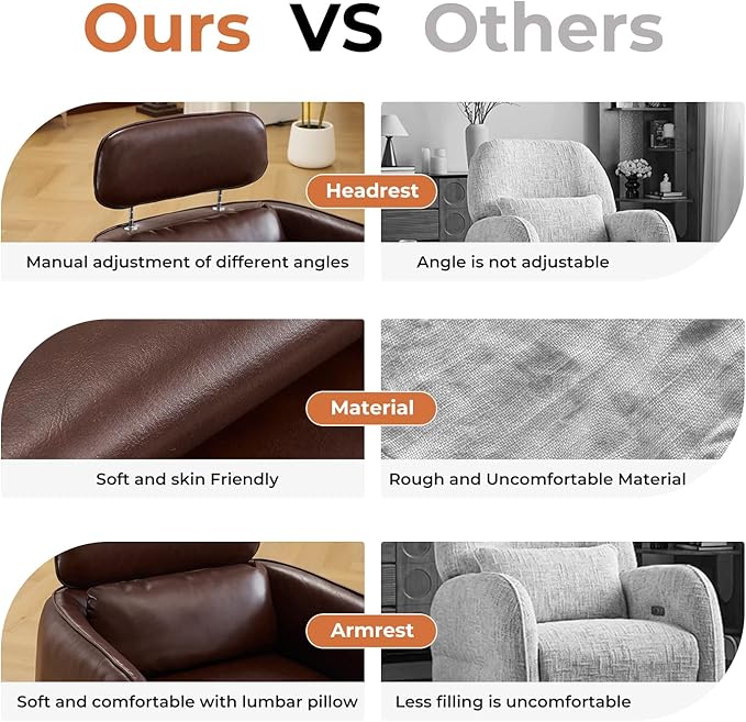 Modern 360° Leather Swivel Accent Chair with Adjustable Headrest, Chenille Accent Chair for Living Room, Vanity Chair for Makeup, Swivel Barrel Chair with Lumbar Pillow, Comfy Barrel Armchair, Brown