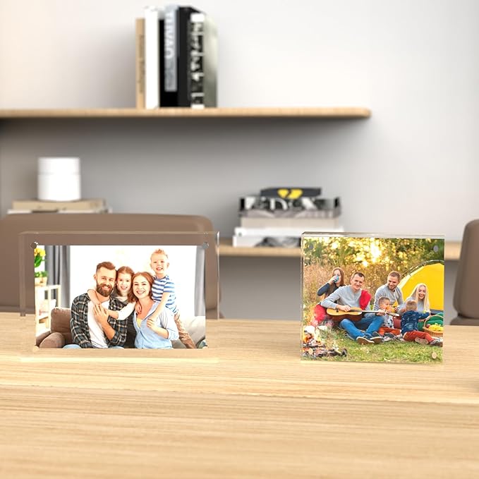 ILYXY 2 Pack Acrylic Frame 6x6, 20% Thicker, 24mm Thick Frameless Clear Square Picture Frame, Double Sided Magnetic Photo Frame, Free Standing Desktop Display Stand Acrylic Picture Frames