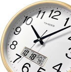 Wall Clock, 16 Inch Non-Ticking Silent Battery Operated Quartz Analog with LCD Display for Perpetual Calendar and F° Temperature, Ideal Modern Home, Bedroom, Kitchen, Office Décor (Gold)