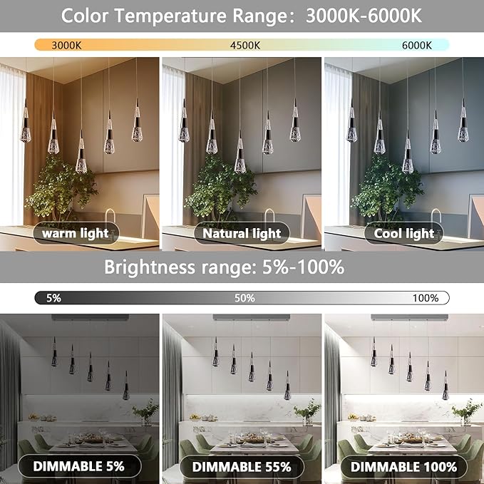 Pendant Light Fixtures,5-Light Black Pendant Lights Kitchen Island Dimmable,Modern Chandeliers for Dining Room Kitchen Island Bedroom Hallway Entryway.