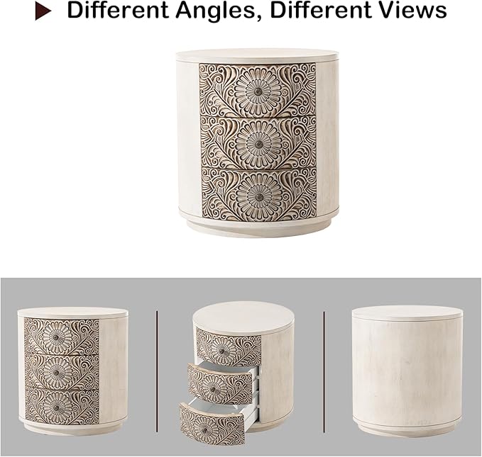 HOMPUS Round End Table Set 2, Fully Assembled Nightstand w 3 Storage Drawers, Farmhouse Wood Dresser Set of 2, Vintage Nightstand Bedside Tables, Aceent End Tables for Bedroom, Rustic White