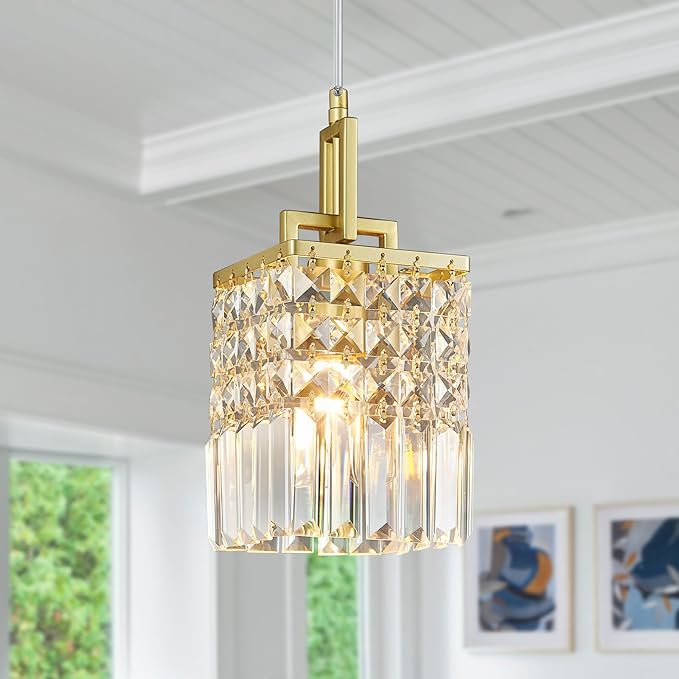 Modern Crystal Pendant Light Kitchen Island Farmhouse Lamp Adjustable Height Hanging Lighting Square Gold Chandelier Suitable for Kitchen Island Dining Room and Bedroom(1Pack)