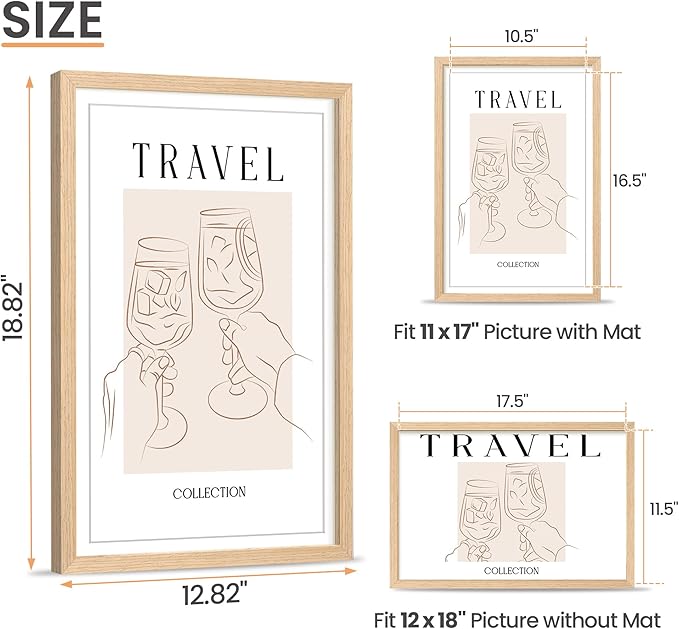 upsimples 12x18 Frame, Natural Solid Wooden Picture Frames, Display 11x17 with Mat or 12 x 18 Without Mat, Vertical or Horizontal Wall Hanging, 1 Pack, Natural