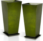 WORTH Garden 28" Large Metal Glazed Planter Set of 2, Luxurious Glossy Finish Green Tall Square Tapered Steel Plant Pots, Decor Flower Pot Indoor & Outdoor, Drainage Hole & Dual-Purpose Plant Saucer
