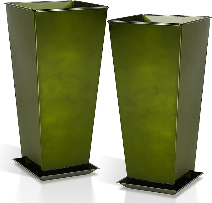 WORTH Garden 25" Large Metal Glazed Planter Set of 2, Luxurious Glossy Finish Green Tall Square Tapered Steel Plant Pots, Decor Flower Pot Indoor & Outdoor, Drainage Hole & Dual-Purpose Plant Saucer