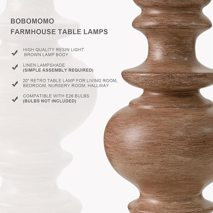 BOBOMOMO 20" Rustic Bedside Lamps Set of 2- Vintage Resin Table Lamps for Nightstands with Linen Shades, Farmhouse Lamps for Living Room, Bedroom, and Hallway (Light Brown) - Ideal for Compact Spaces