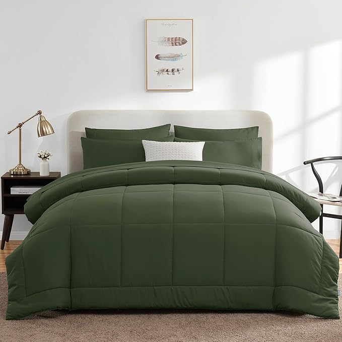 CozyLux Queen Comforter Set Olive Green, 7 Pieces Bed in a Bag, Green Comforter Queen Size, All Season Bedding Sets with Stitch Quilted Comforter, Flat Sheet, Fitted Sheet, Pillowcases