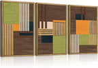 Large Modern Abstract Wall Art Set Minimalist Line Wood Wall Decor Neutral Brown Art Decor Colorful Geometric Wooden Wall Sculptures for Living Room Bedroom Office-16x24Inchx3