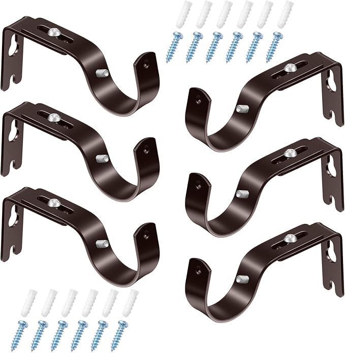 6 Piece General Adjustable Curtain Rod Holder Wall Bracket Hooks - Outside Mounted Blinds Bracket with Screws for 1 Inch Diameter Rod (Bronze)
