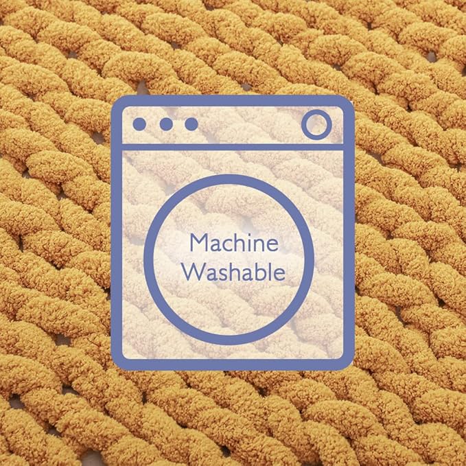 Bigacogo Chunky Knit Throw Blanket for Couch, 51x63 inches, 100% Hand Knitted with Thick Jumbo Chenille Yarn, Cozy Soft Large Rope Knot Cable Crochet Blankets for Sofa Bed Living Room, Mustard Yellow