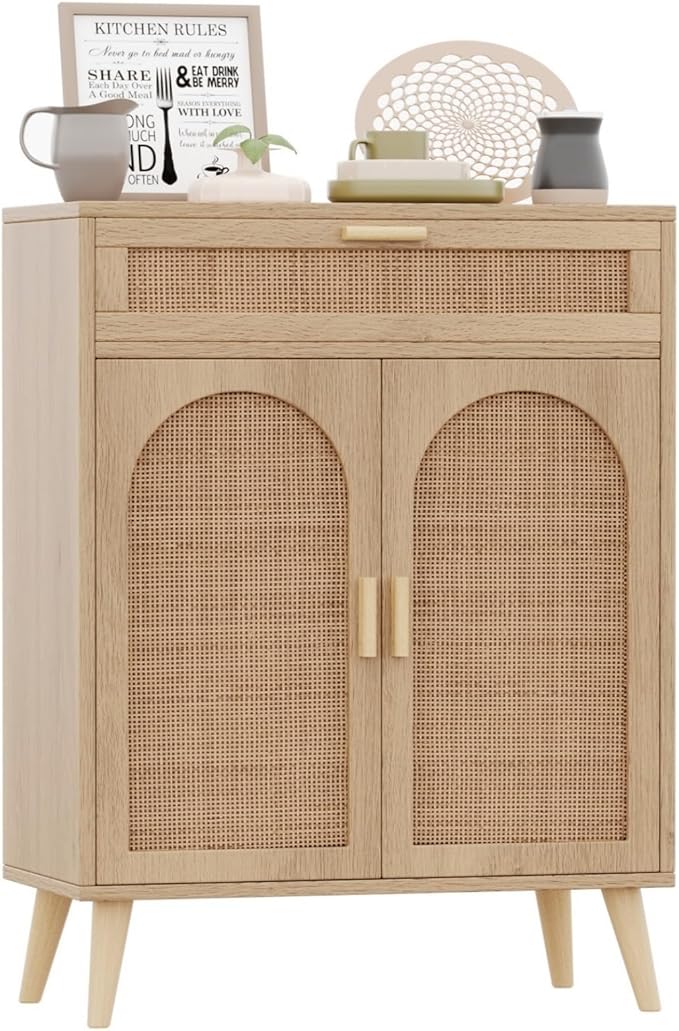 Irontar Rattan Buffet Sideboard Cabinet with Storage, Coffee Bar, Boho Credenzas with Drawer, Kitchen Storage Cabinet, Accent Cabinet with Doors for Hallway, Living Room, Dinning Room, Natural