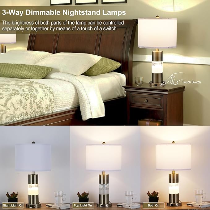 Serteaw Set of 2 Gold Bedroom Lamp for Nightstands, Touch Table Lamps, USB Charging Ports, with Stepless Dimming Mode for Living Room, Modern Snow and Clouds Crystal Bedside Lamps