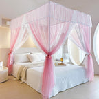 AIKASY 4 Corners Post Ruffle Princess Bed Canopy Curtain - Double Layer Cozy Drape Netting with 4 Openings - Elegant Mosquito Net for Girls and Adults Bedroom Decoration (Pink, Twin)