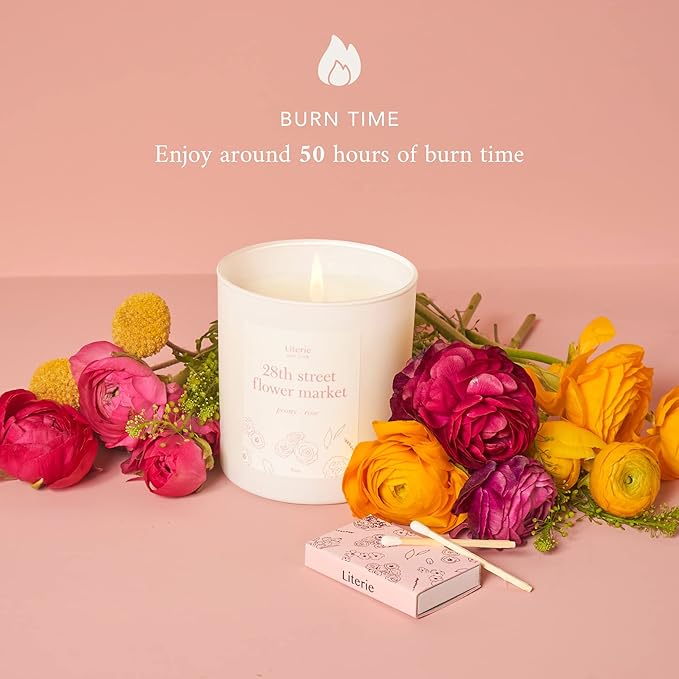 Literie NYC Inspired Scented Candle: 28th Street Flower Market - Peony & Rose Scent, 9oz, 50 Hour Burn, Vegan Soy & Coconut Blend Candle for Home Decor, Gift for Women & Men