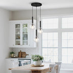 Mid Century Globe Pendant Light with Clear Glass for Kitchen Island Modern Balck Finish Hanging Light Fixture Retro Round Pendant Lighting for Living Room Bedroom Entryway(3 Lights)