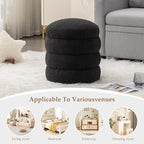 Furniliving Modern Round Ottoman, Soft Bedroom Ottoman Footstool Round Ottomans Stool for Living Room, Bedroom, Makeup Room, Black, Boucle