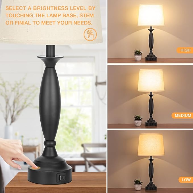 Beige Lamps for Bedrooms Set of 2 - Touch Control Bedside Lamp with USB C+A, 3 Way Dimmable Nightstand Lamps with USB Port, Table Lamp for Living Room(Beige Shade and Black Base)